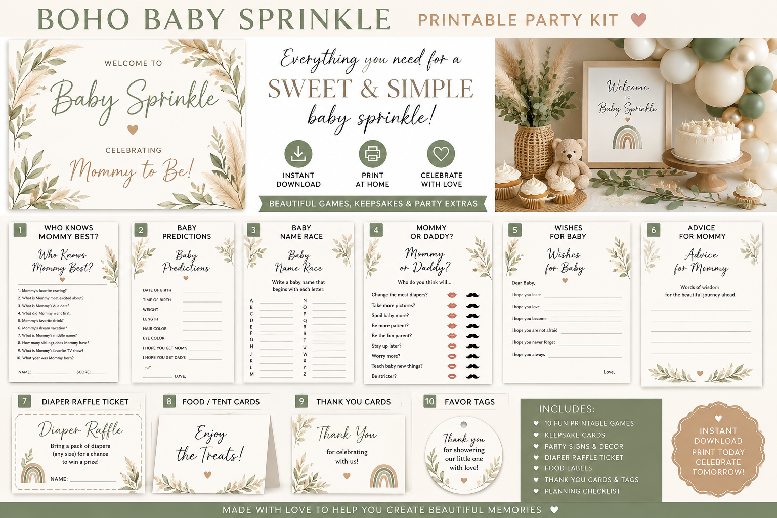 Boho Baby Sprinkle printable party kit preview