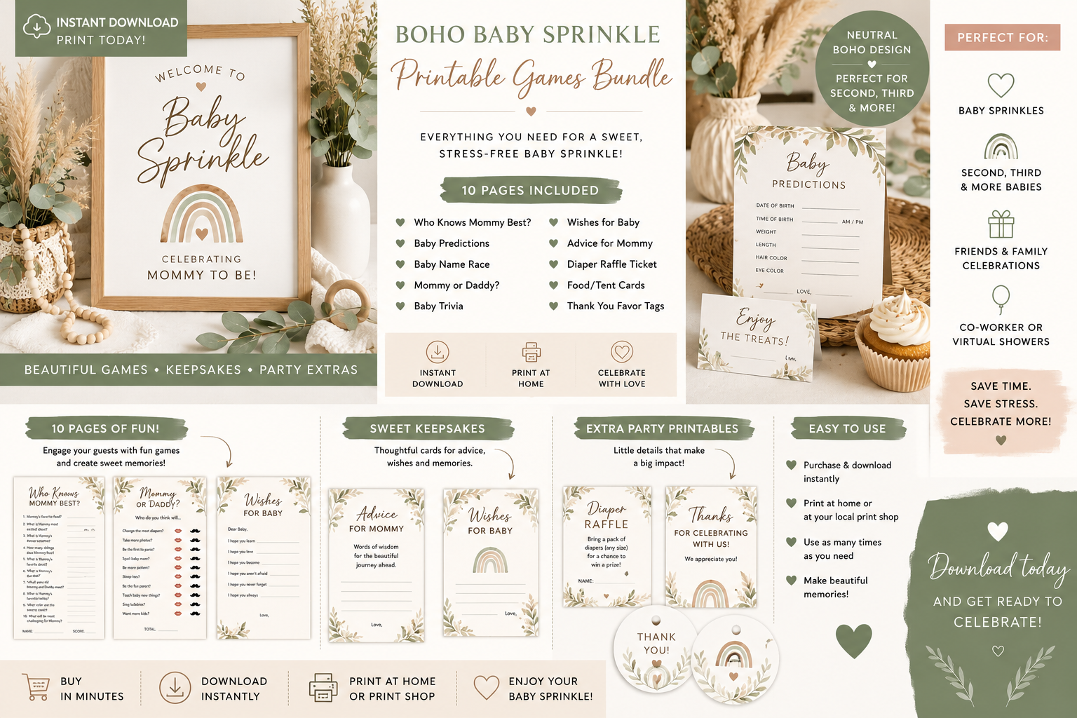 Boho Baby Sprinkle printable games bundle